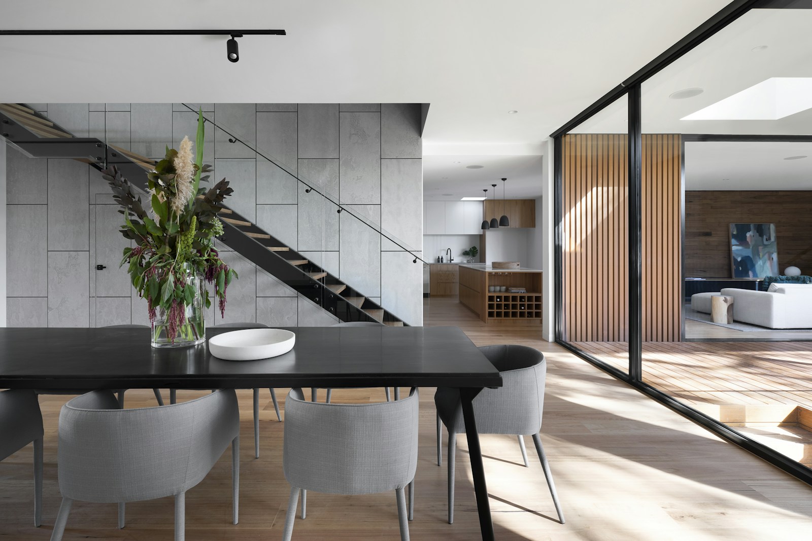 Large-format porcelain tile floor with precise layout